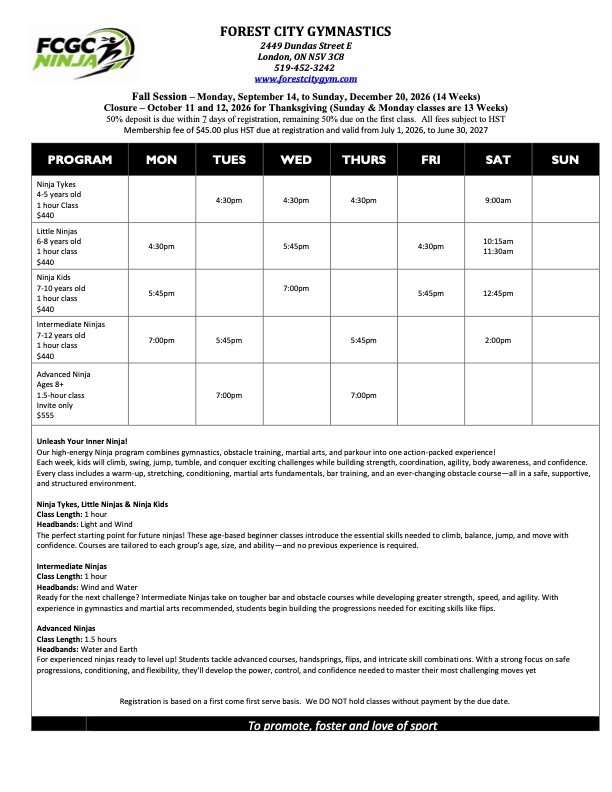 2026 Fall NINJA Session Schedule FCGC Program Flow chart